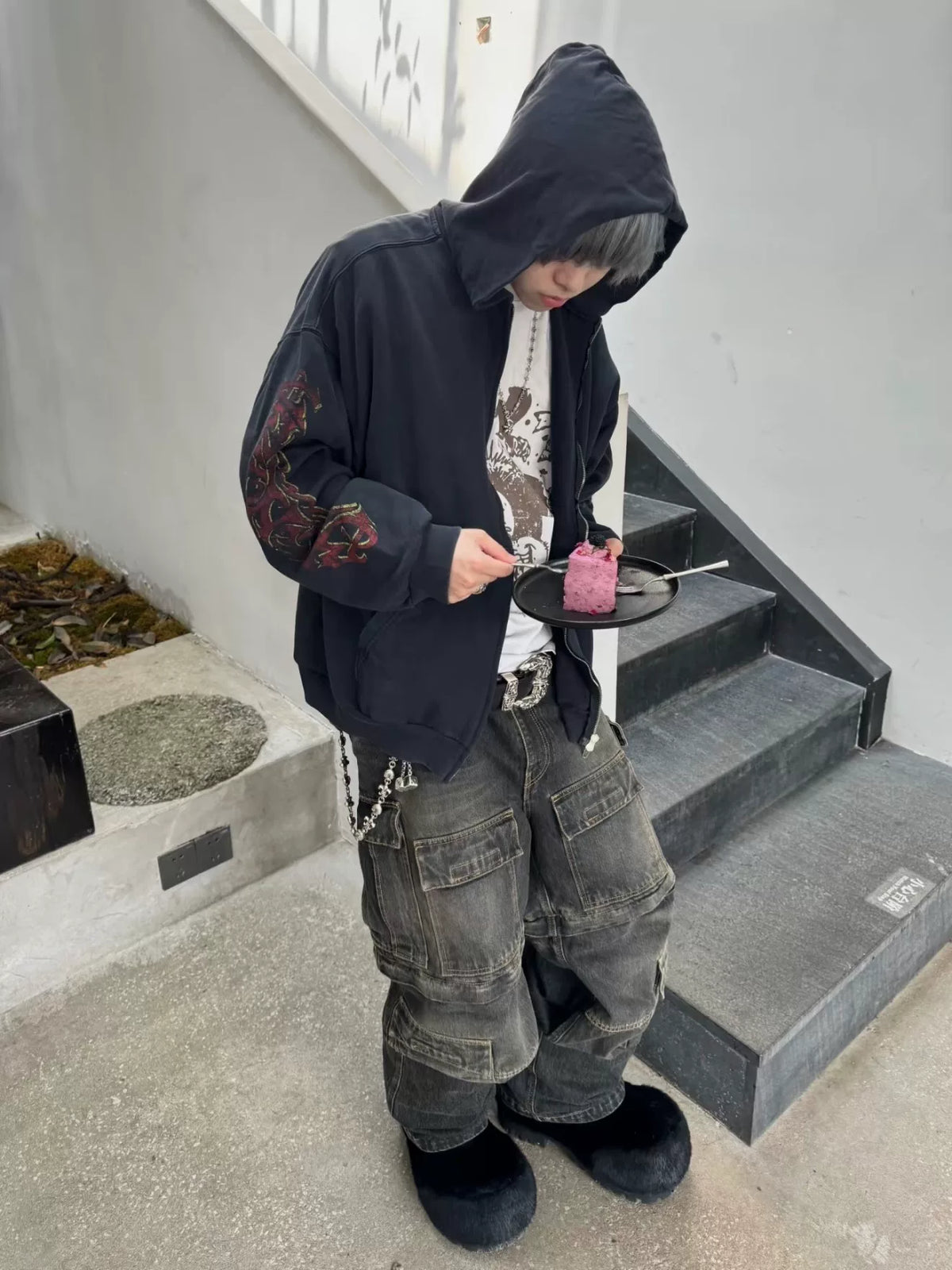Balenciaga Distressed Flame Logo Zip-Up Hooded Top