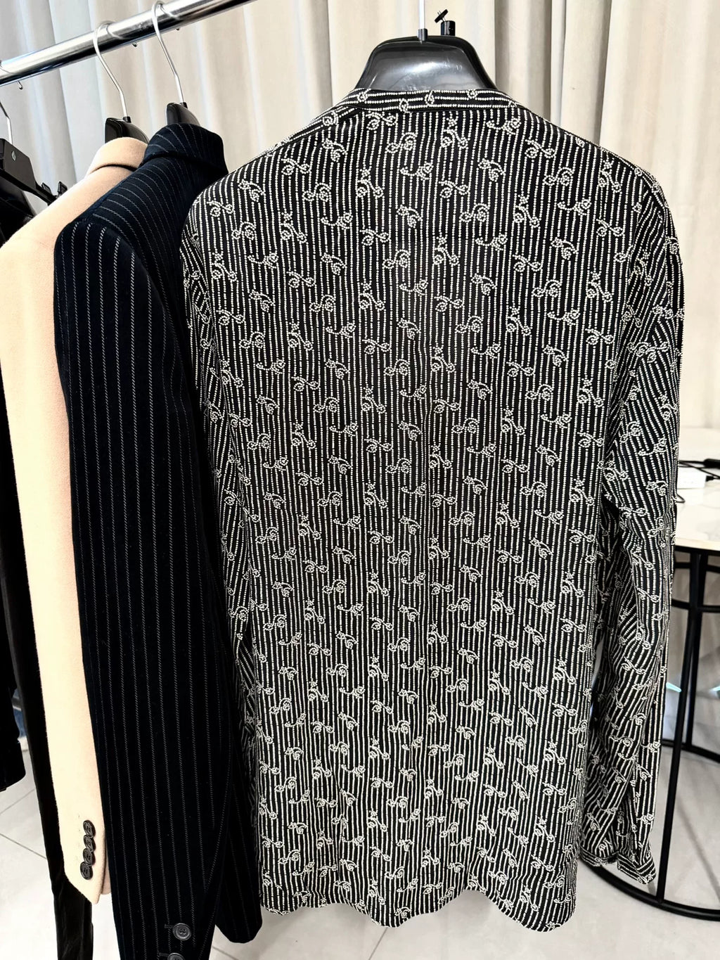 Saint Laurent Paris SS18 Black Paisley Polka Dot Striped Silk Shirt