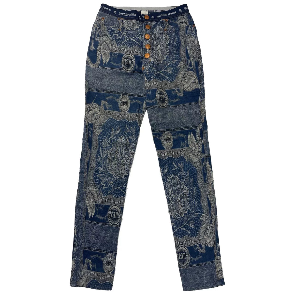 1994 Fall/Winter Jean Paul Gaultier Dragon Slayer Warrior Tribal Tattoo Jacquard Jeans