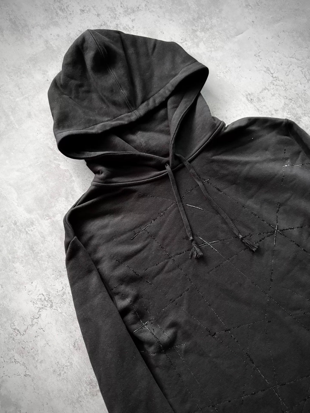 Saint Laurent Paris 19AW Black Geometric Star Glitter Embroidery Fringe Drawstring Hoodie by Anthony Vaccarello