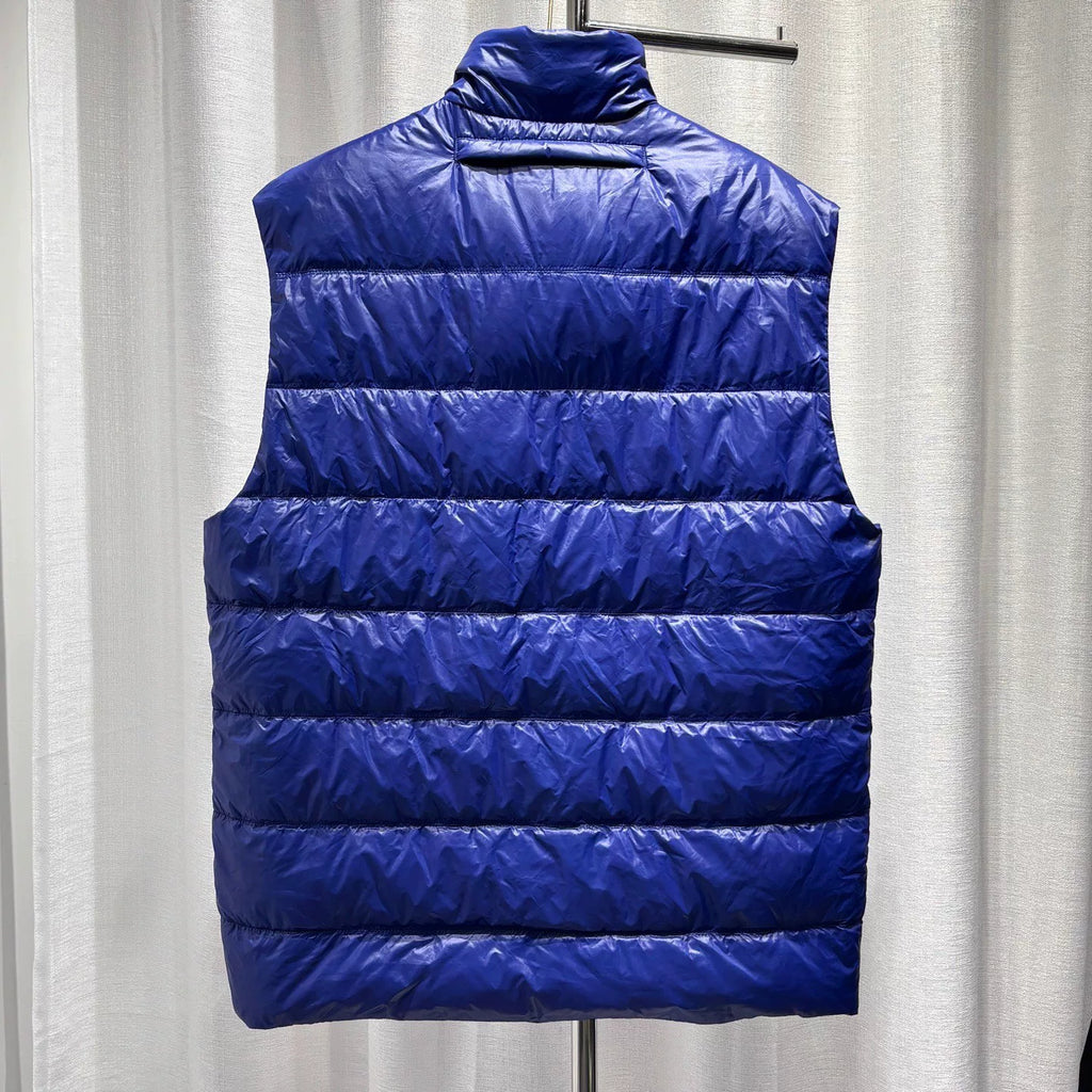Prada Down Jacket Sleeveless Metallic Triangle Logo Stand Collar Navy Vest