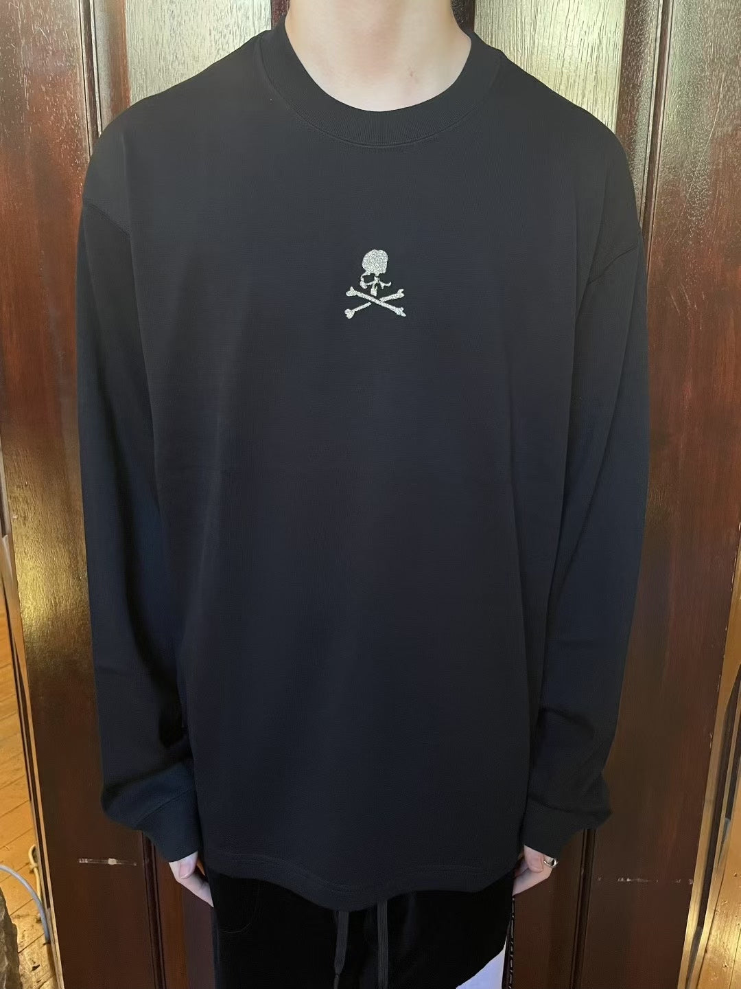 mastermind Japan FW25 Black Loopwheel Glitter Skull Suvin Cotton Long Sleeve T-Shirt