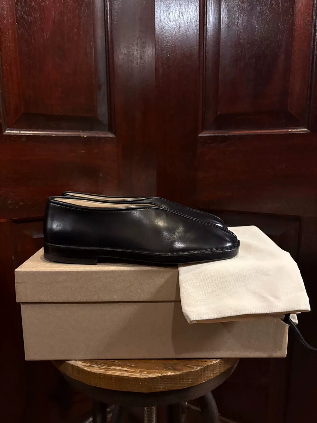Lemaire SS24 Flat Piped slippers Black Lambskin Monk Strap Shoes