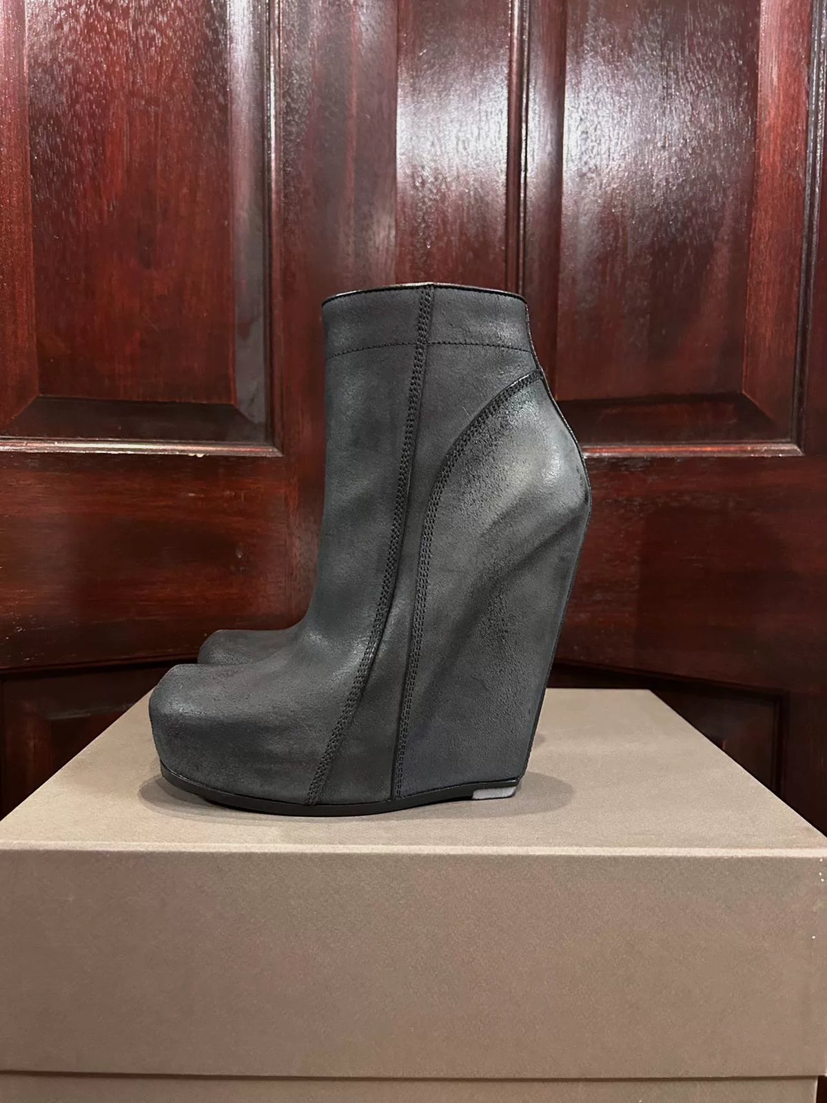 Rick Owens Black Reverse Leather Wedge Boots