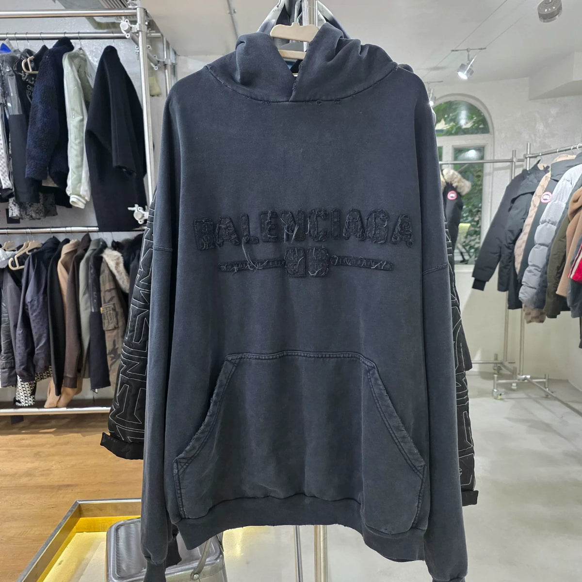 Balenciaga Black Distressed Wash Appliqué Logo Hooded Sweater