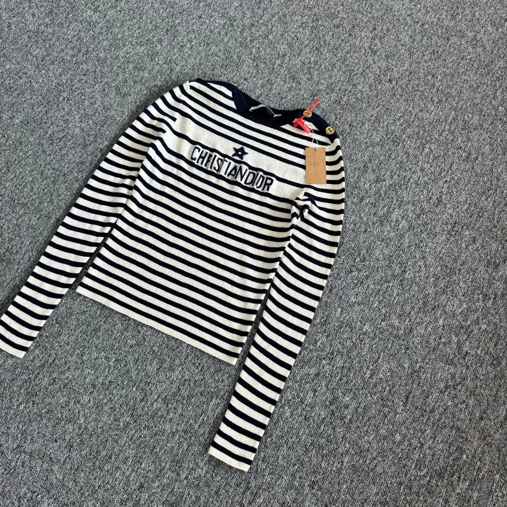 Dior Blue White Stripe Silk Cashmere Knit Top