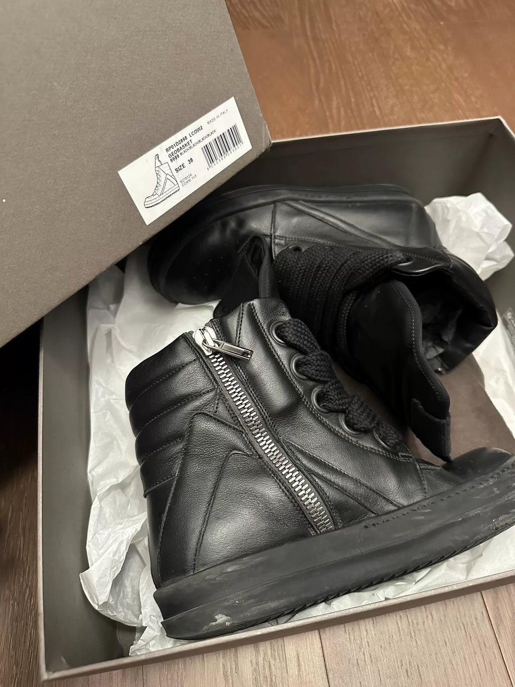 Rick Owens mainline pure black thick laces inverted triangle Sneakers
