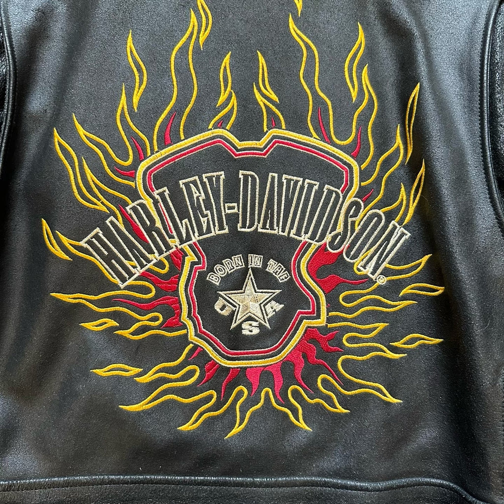 Vintage Harley Davidson Heavyweight Cowhide Flame Embroidered Leather Jacket