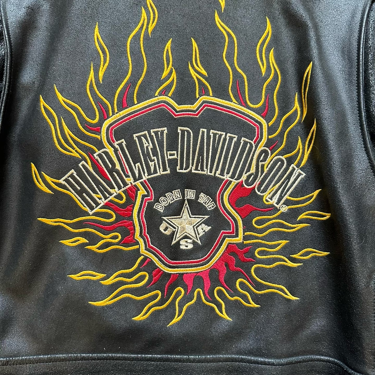 Vintage Harley Davidson Heavyweight Cowhide Flame Embroidered Leather Jacket