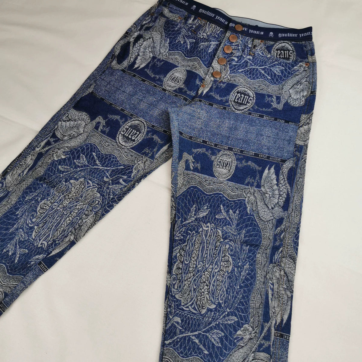 1994 Fall/Winter Jean Paul Gaultier Dragon Slayer Tribal Tattoo Jacquard Jeans