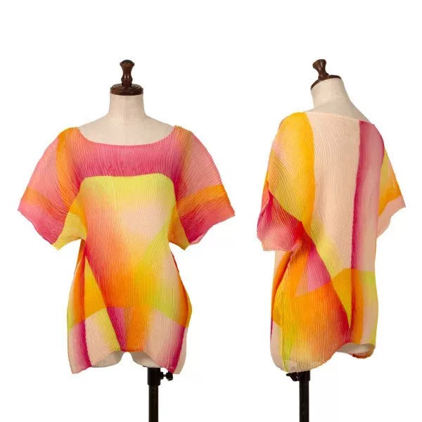 Issey Miyake Vintage Pink Yellow Geometric Pleated Top