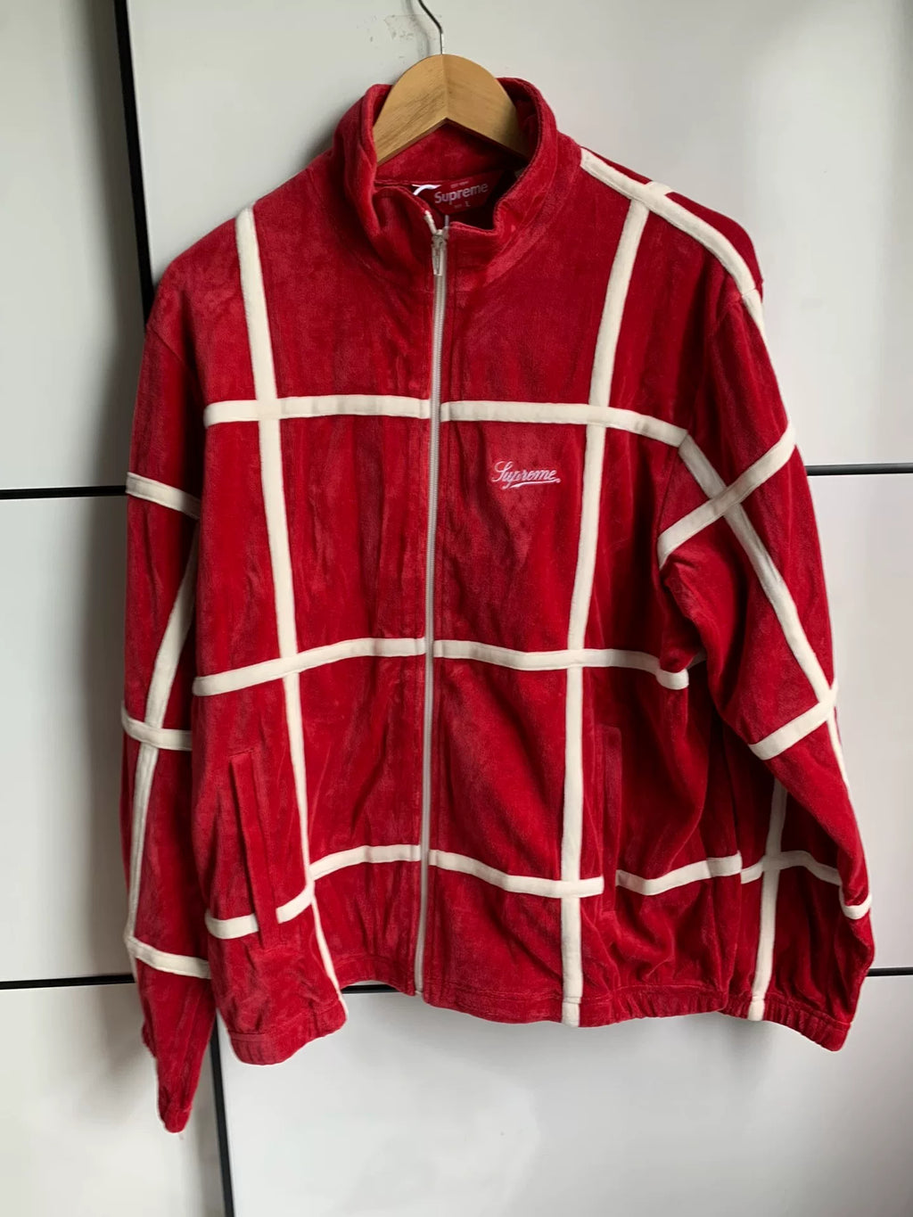 Supreme SS20 Red Grid Taping Velvet Jacket