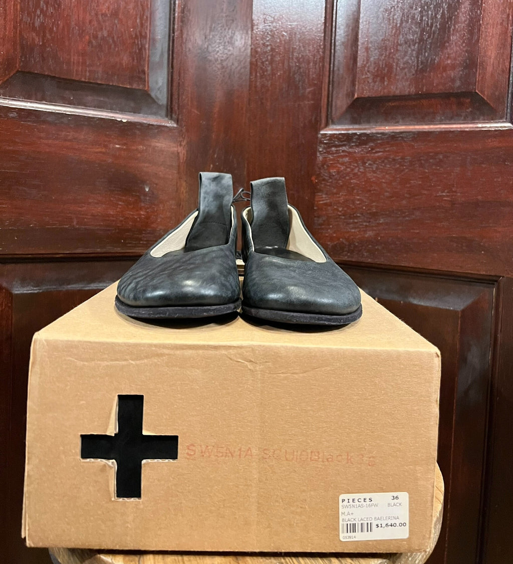 M.A+ Black Back Laced Ballerina Horsehide Flats