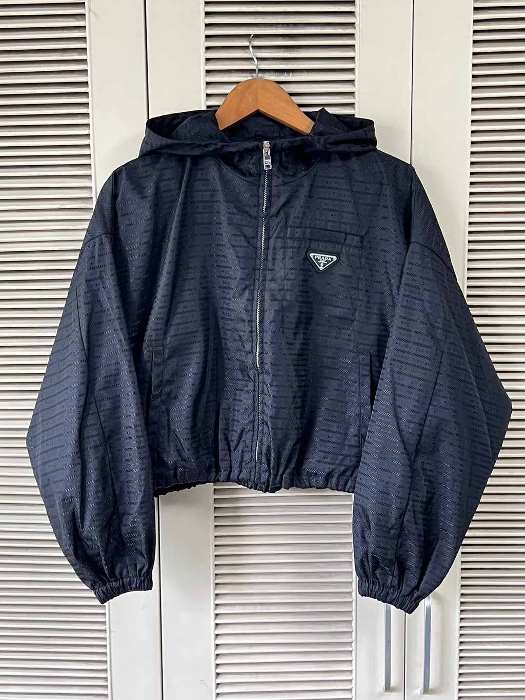 Prada Re-Nylon Black Hooded Triangle Logo Jacket