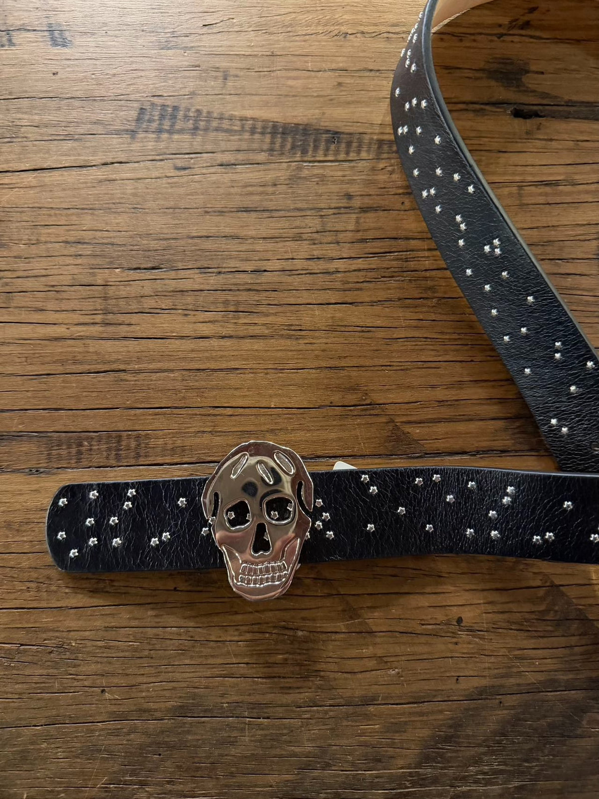 Alexander McQueen Black Star Studded Silver Skull Buckle Leather Belt