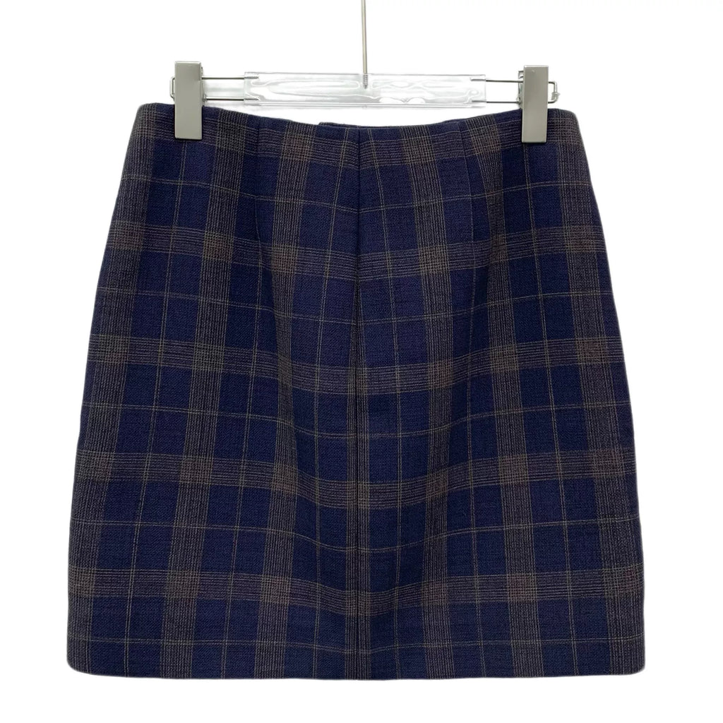 Bottega Veneta Color-Block Plaid Cotton Single-Breasted High-Waist A-Line Mini Skirt