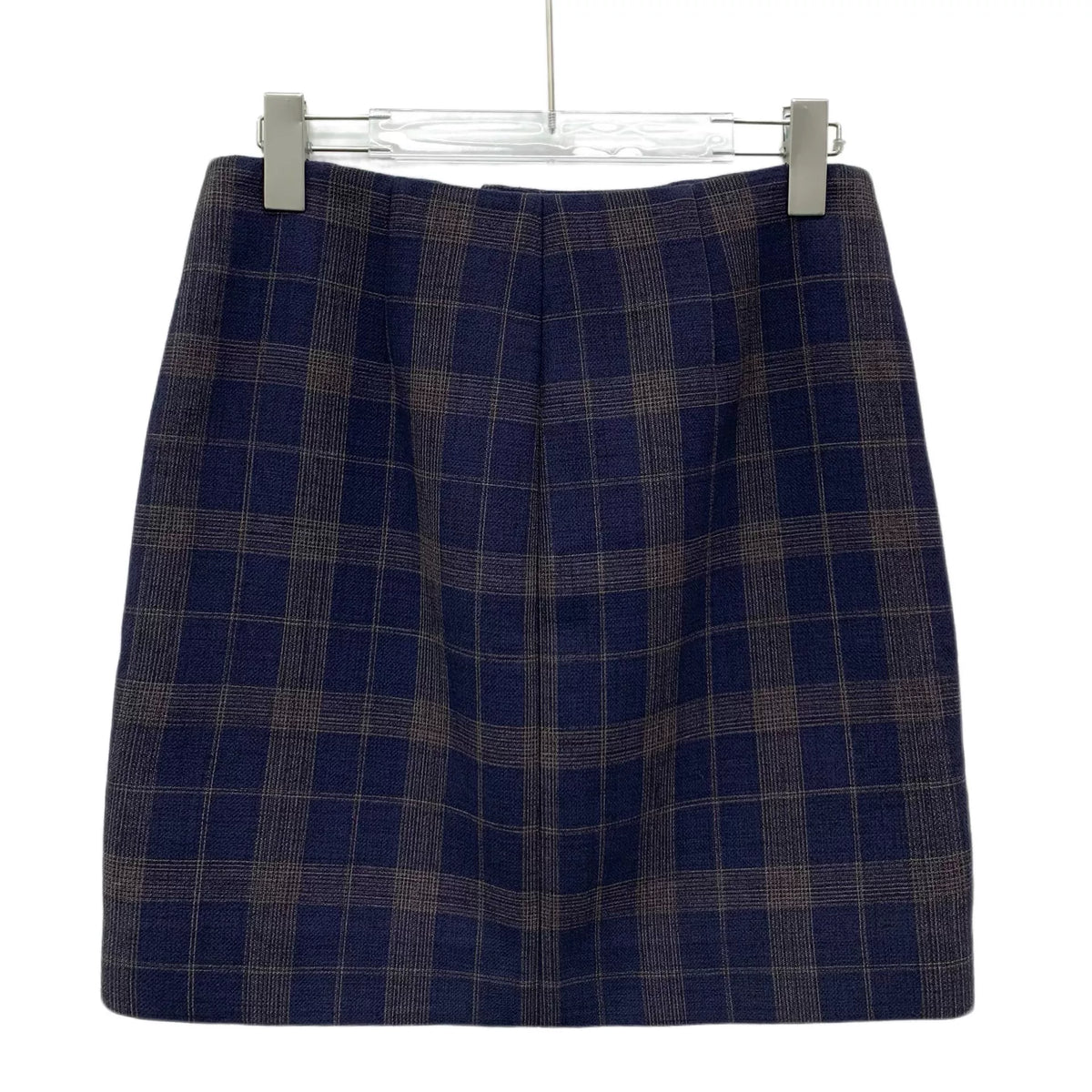 Bottega Veneta Color-Block Plaid Cotton Single-Breasted High-Waist A-Line Mini Skirt