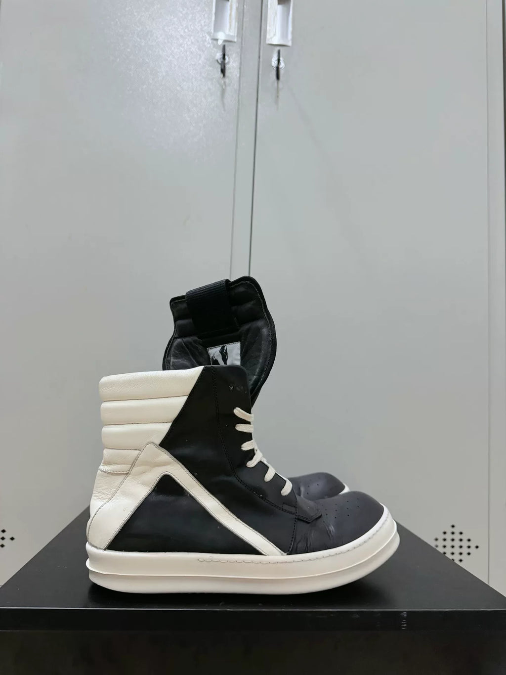 Rick Owens Black and White Inverted-Triangle Leather Sneakers