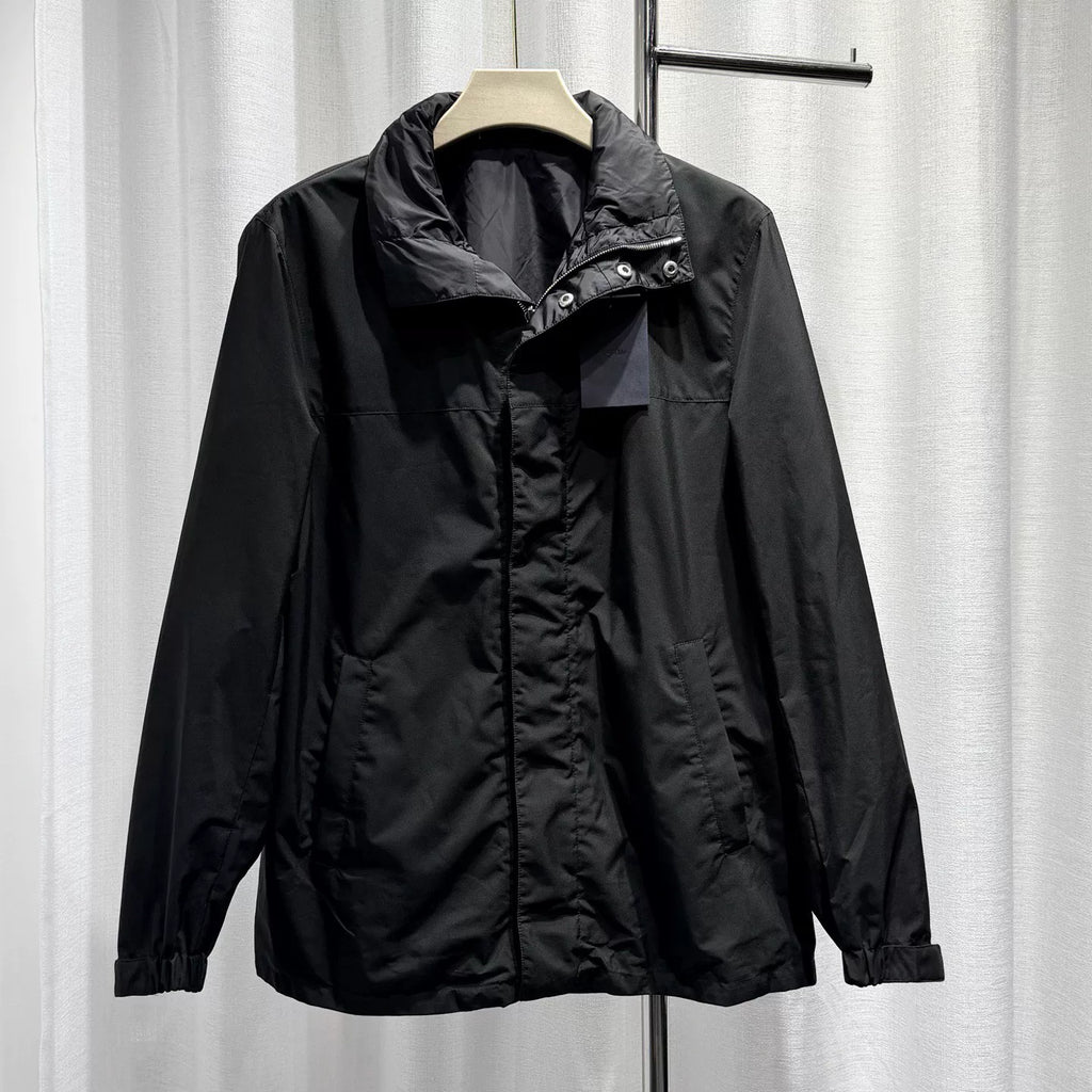 Prada Reversible Hat Metallic Triangle Logo Zip Black Jacket