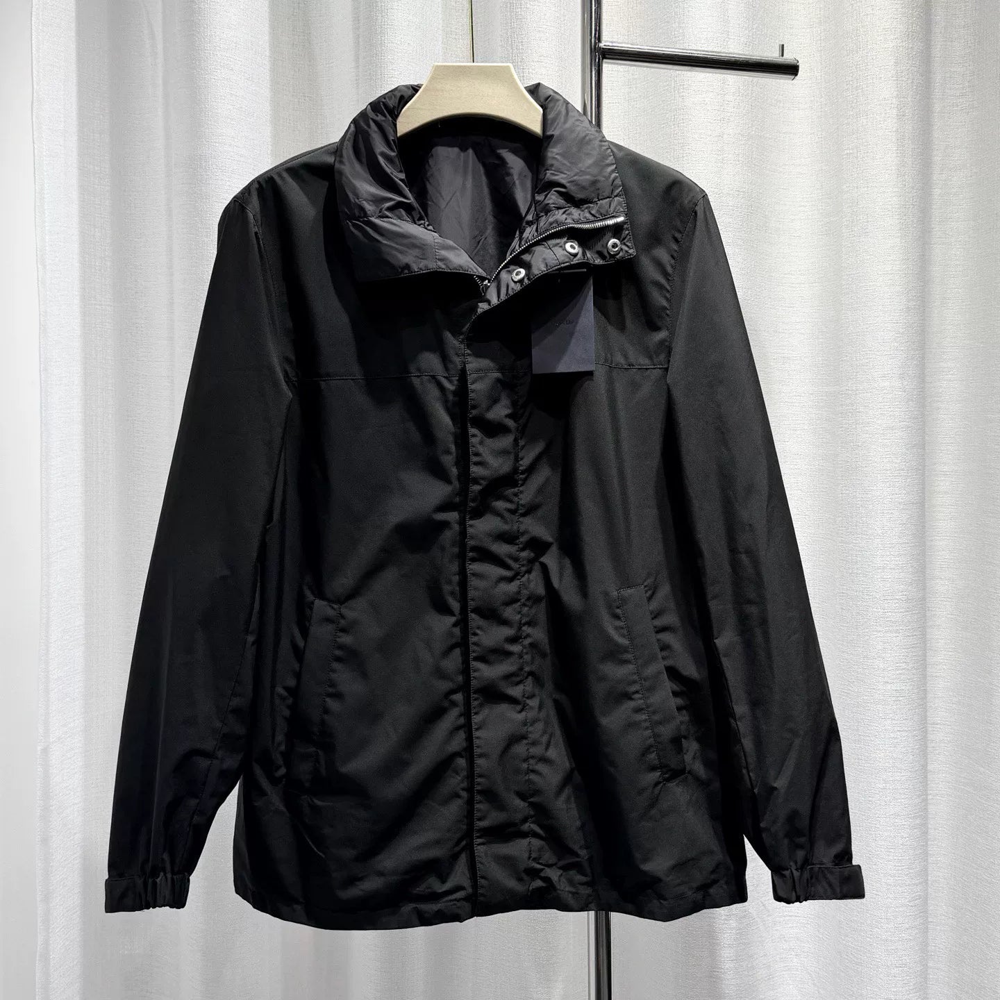 Prada Reversible Hat Metallic Triangle Logo Zip Black Jacket