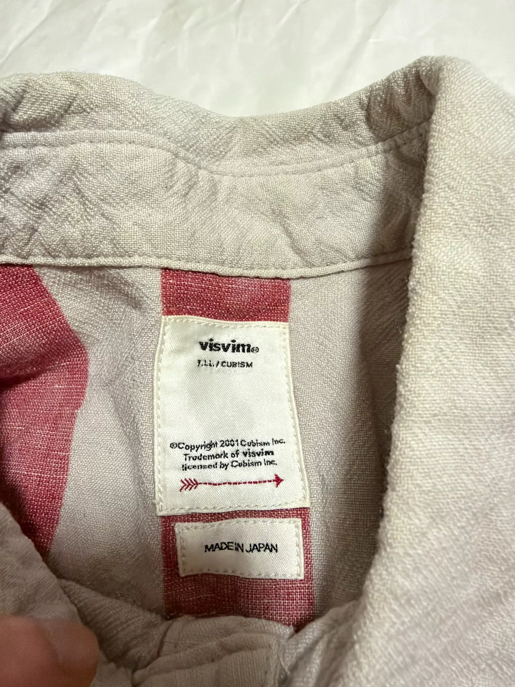 visvim SS20 Dead-ball Era Grey Red Striped Half-Collar Three-Quarter Sleeve Cotton Linen Shirt