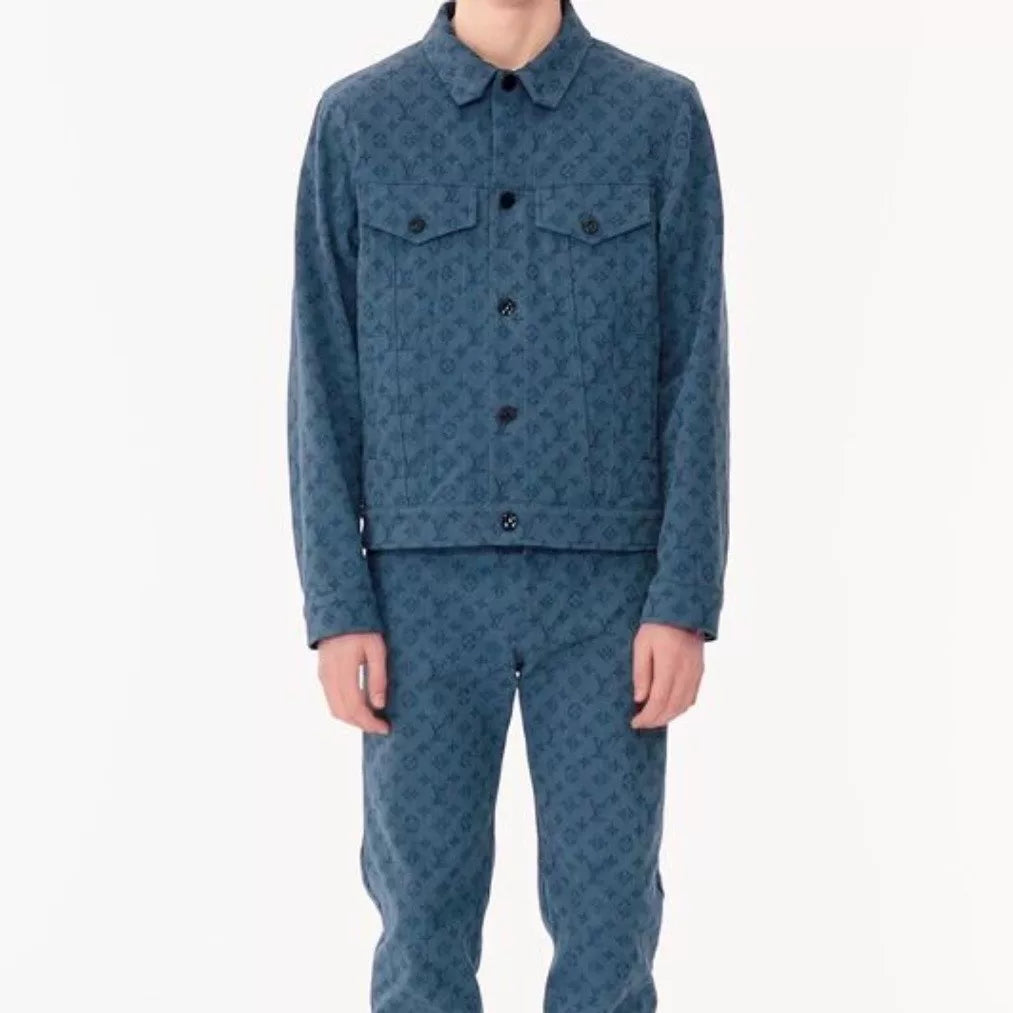 Louis Vuitton Denim Monogram All-Over Print Button-Front Washed Distressed Blue Jacket