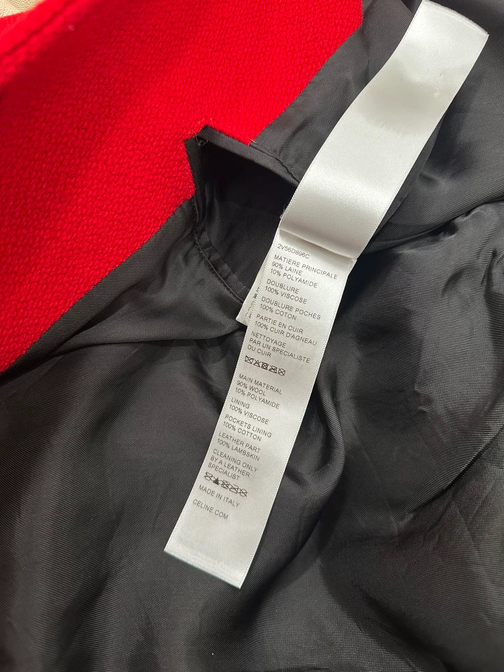Celine Red Lambskin Sleeve Wool Embroidered Letter C Baseball Jacket