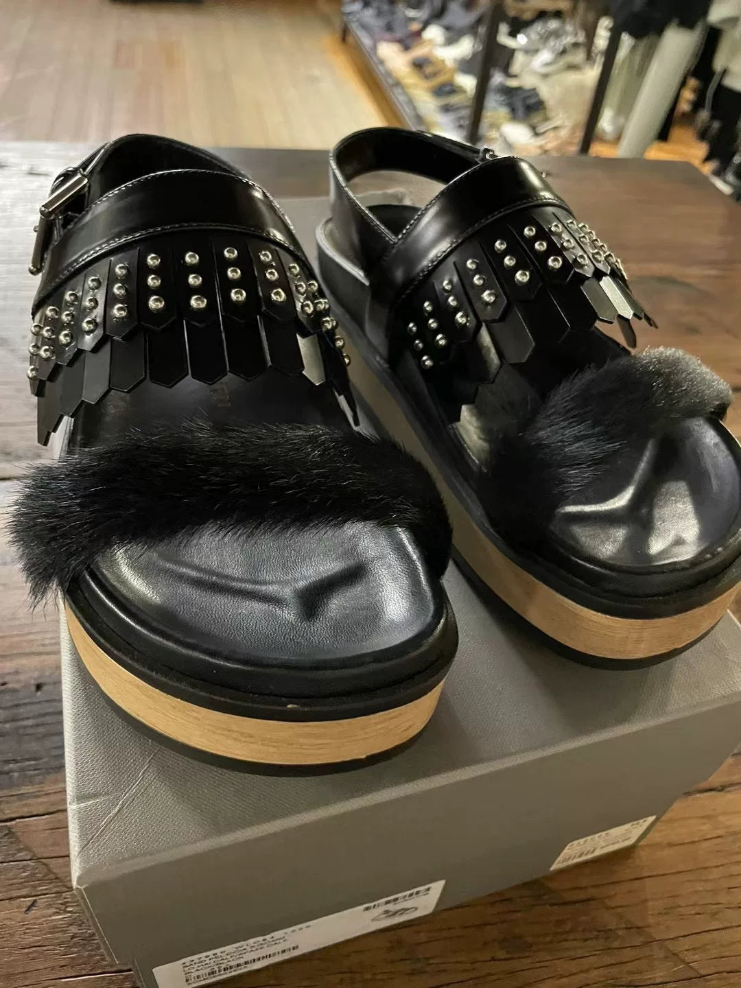 Alexander McQueen FW16 Black Fringe Lambskin Platform Sandals
