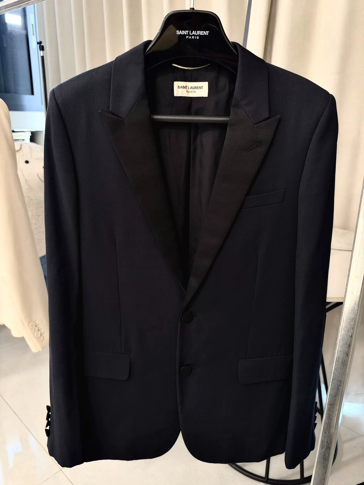 Saint Laurent Paris FW14 Le Smoking Navy Blue Satin Peak-Lapel Wool Blazer by Hedi Slimane