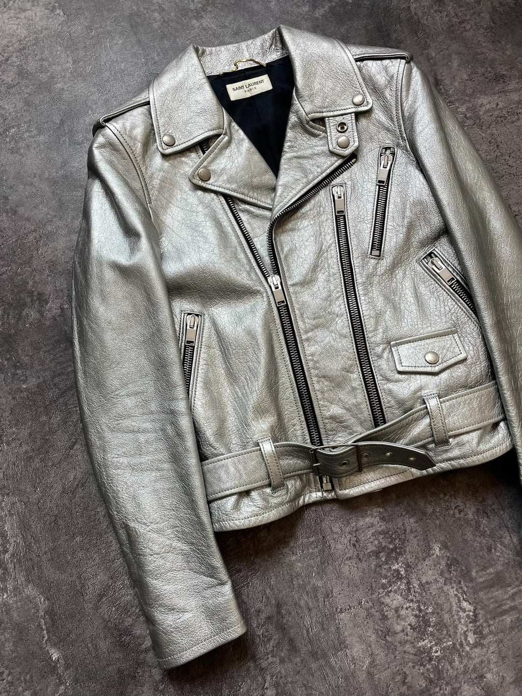 Saint Laurent SLP13 Silver Lambskin Zipper Jacket
