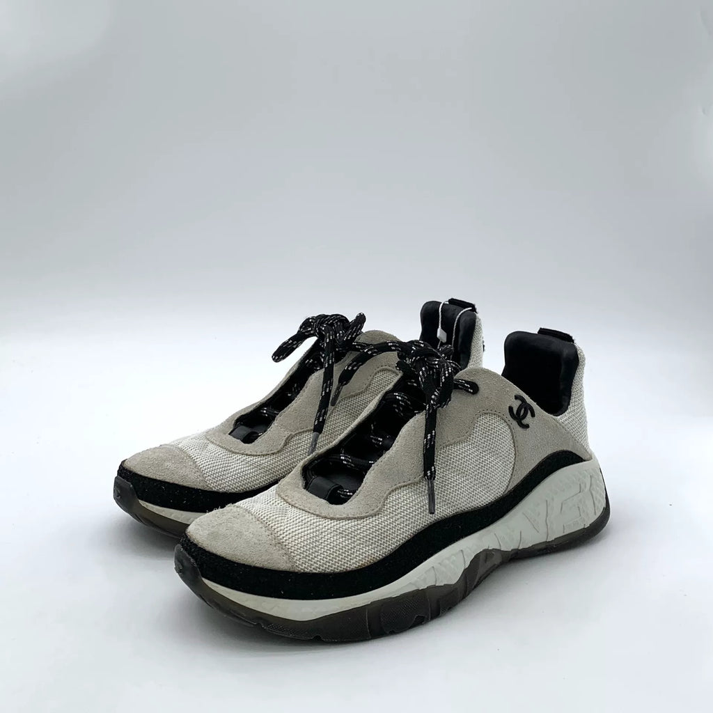 Chanel Grey Diamond-Quilted Double C Lace-Up Sneakers