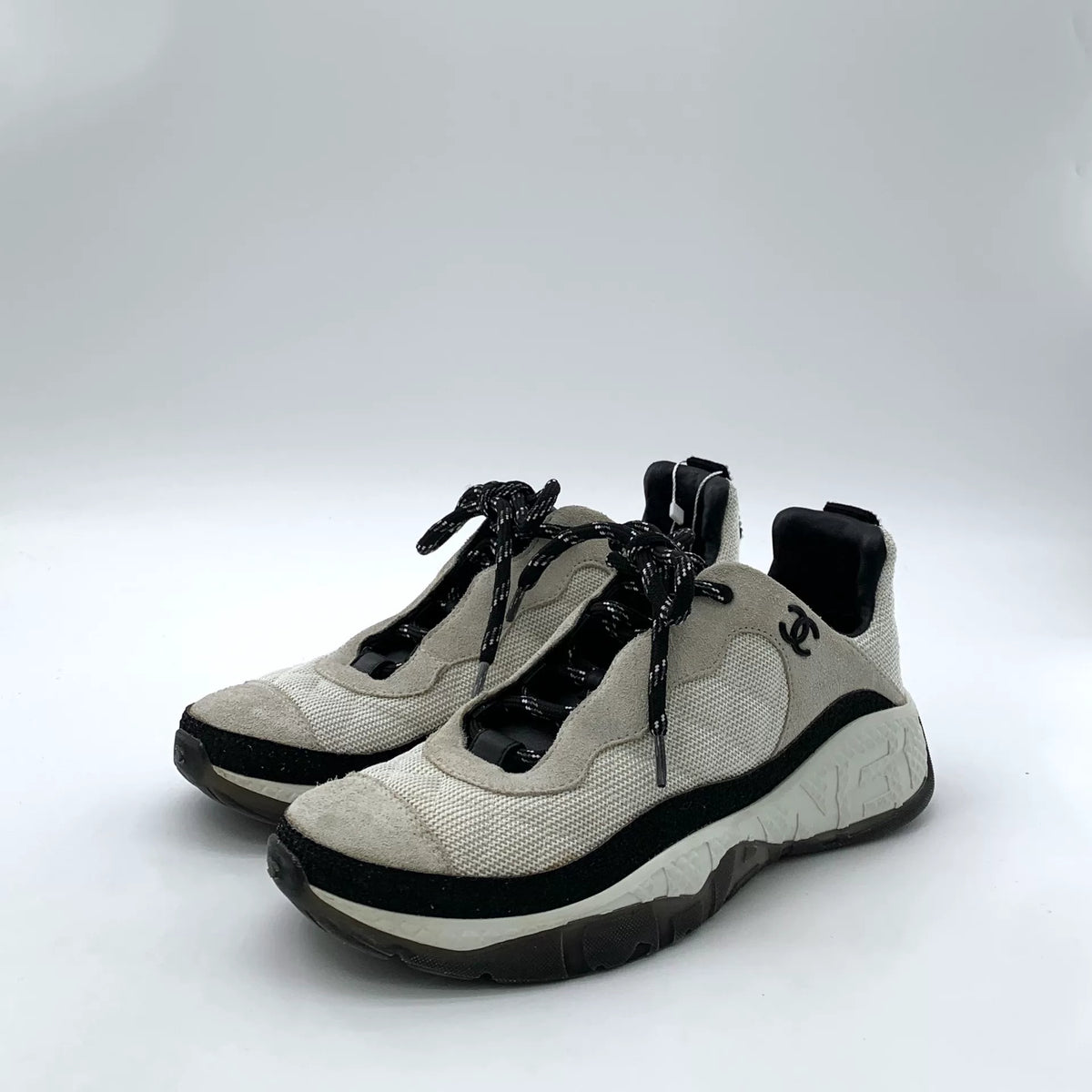 Chanel Grey Diamond-Quilted Double C Lace-Up Sneakers