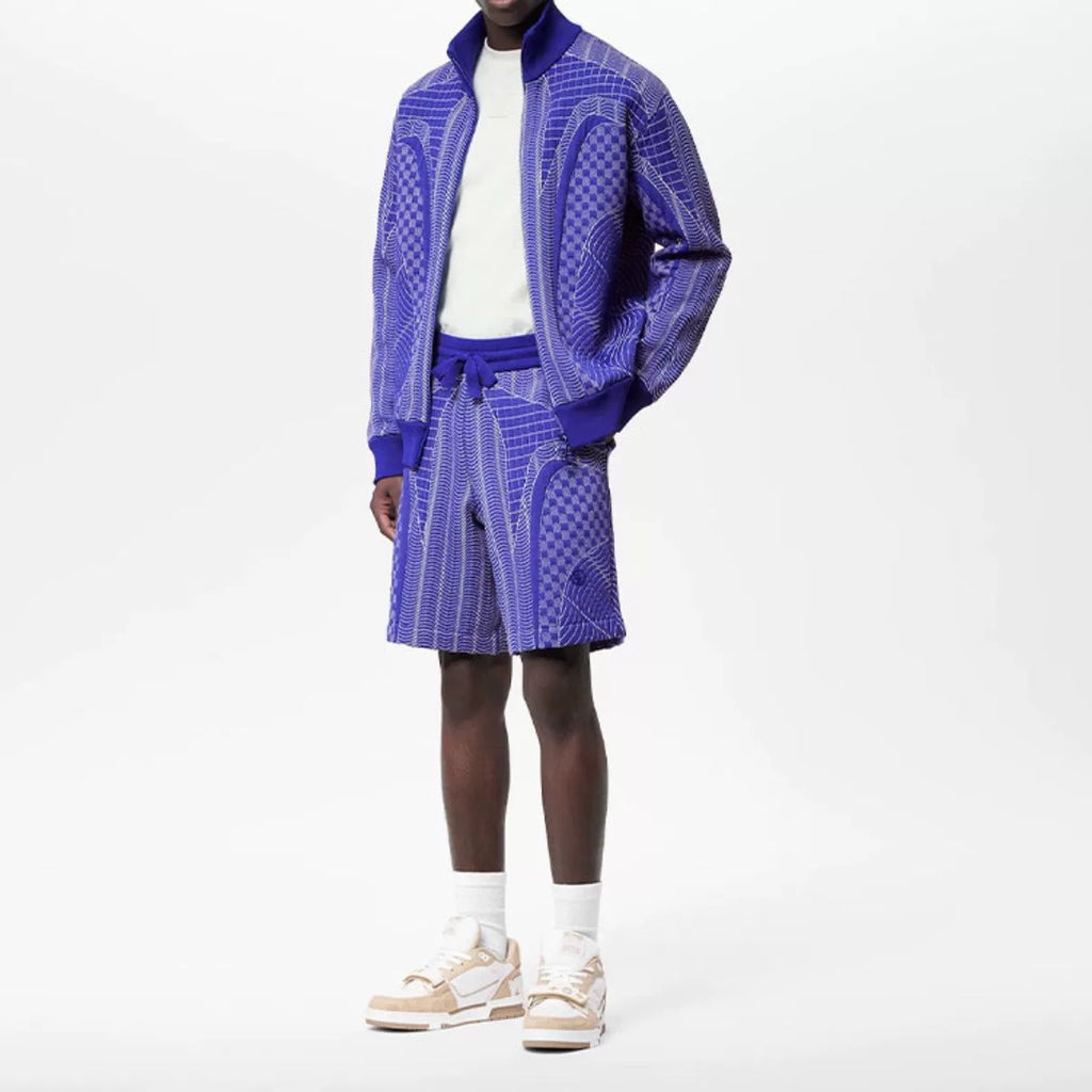 Louis Vuitton Striped Embroidered Checkerboard Stand Collar Cotton Blue Jacket
