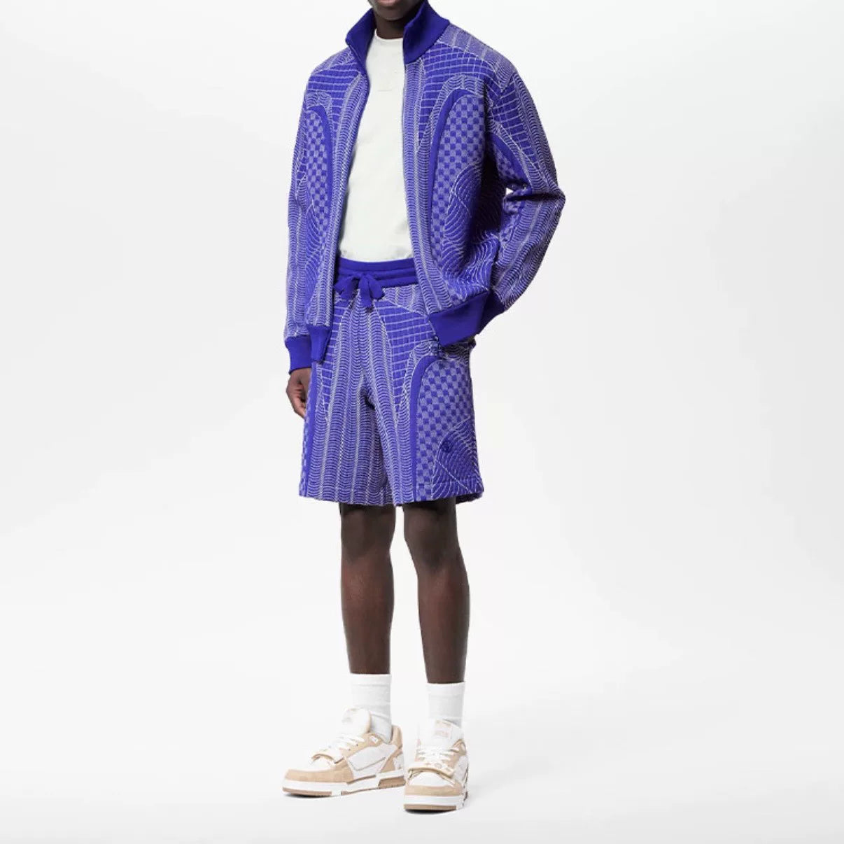 Louis Vuitton Striped Embroidered Checkerboard Stand Collar Cotton Blue Jacket