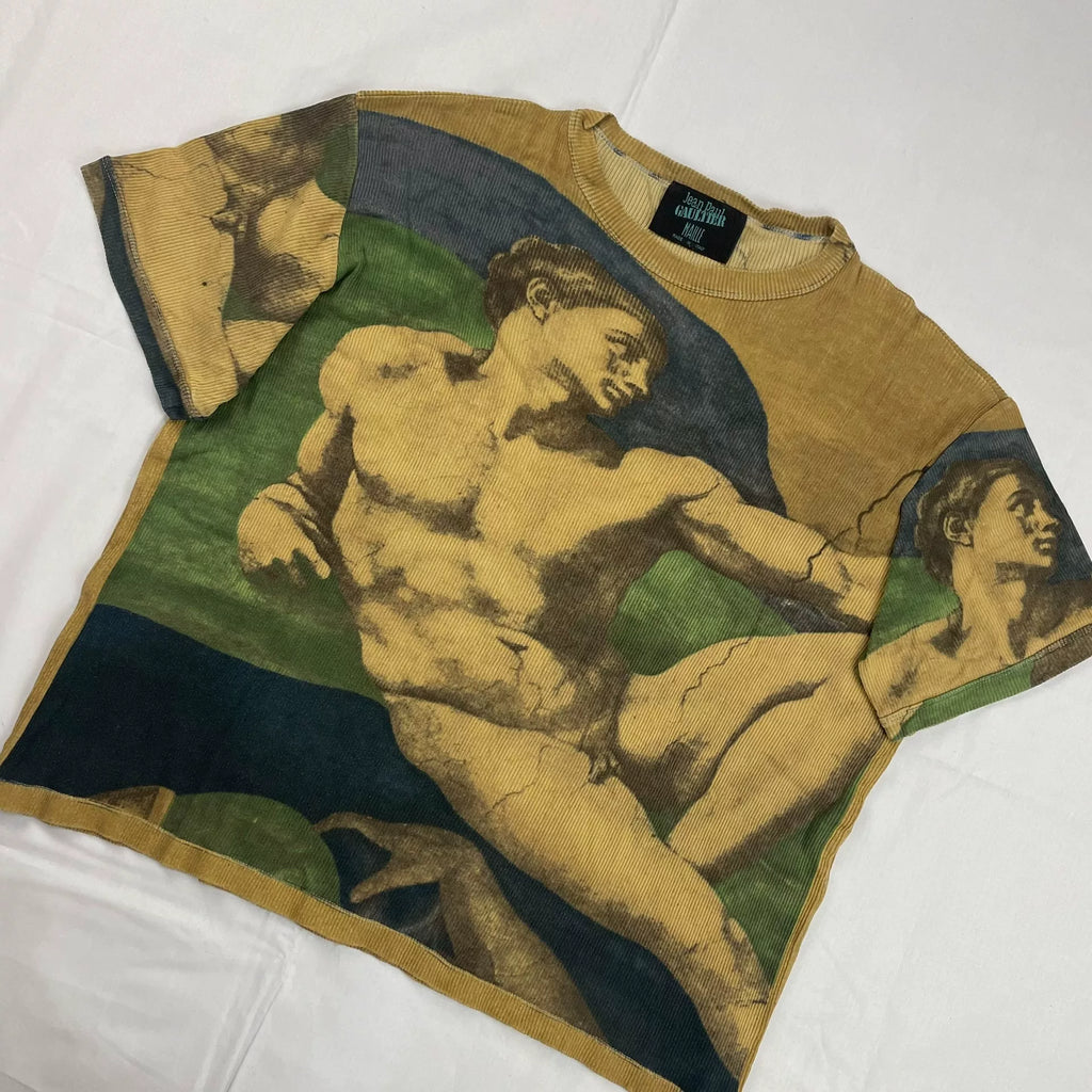 Jean Paul Gaultier Short Sleeve Top Maille 1995  Michelangelo's "The Creation of Adam" from the Sistine Chapel ceiling Knit Sweater