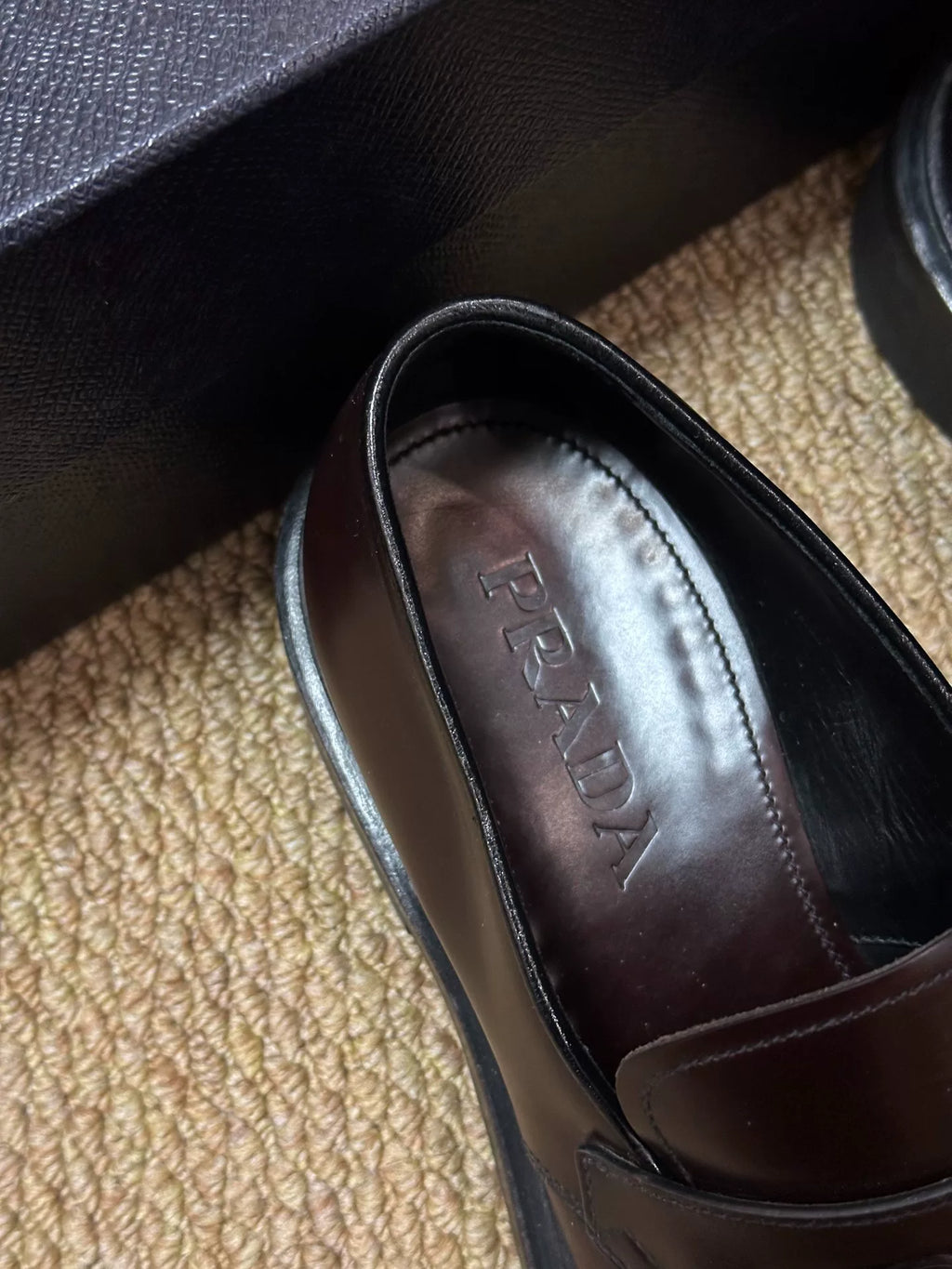Prada Frankenstein Square-Toe Burgundy Loafers