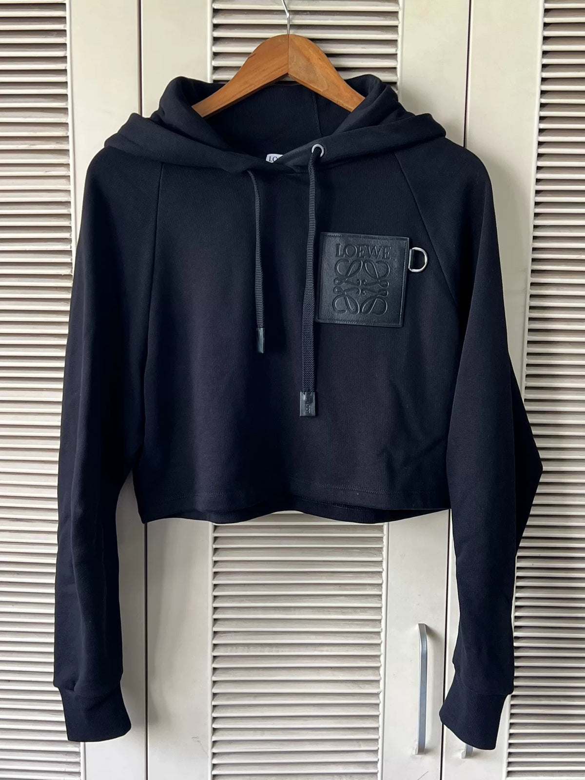 Loewe Leather Logo Cropped Black Hoodie