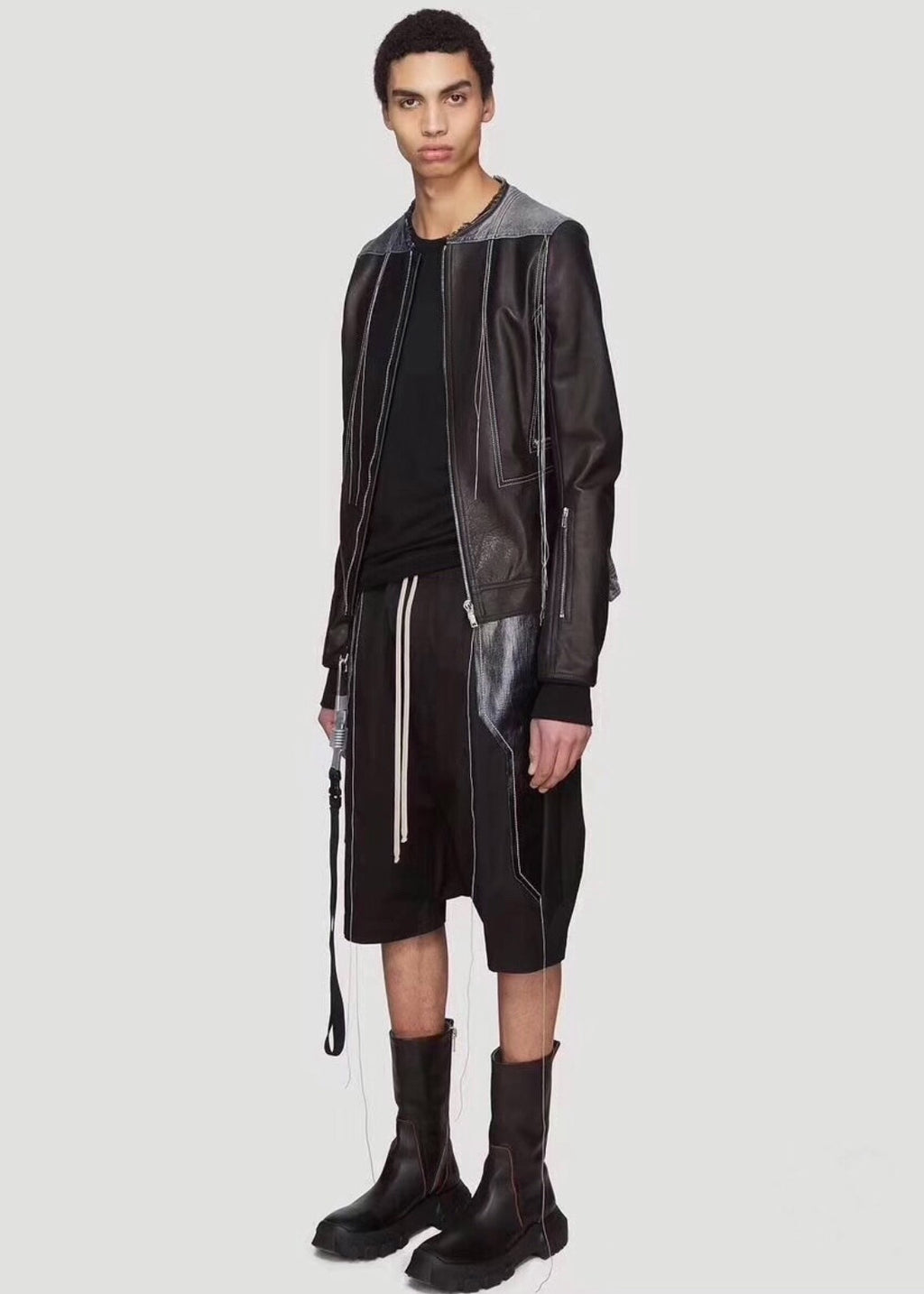 Rick Owens Tassel Wax-Brushed Leather Patchwork Shorts