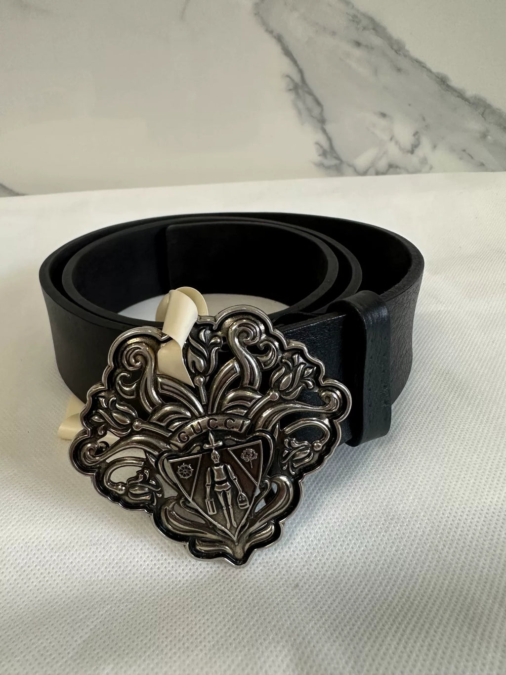 Gucci Vintage Knight Shield Embossed Black Belt