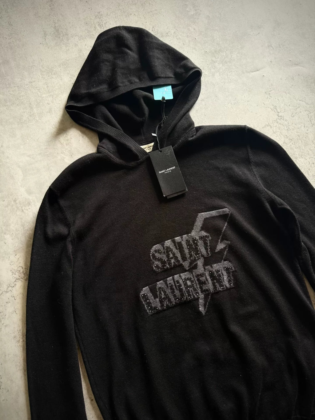 Saint Laurent 18SS Black Wool Lightning Slogan Studded Hoodie by Anthony Vaccarello