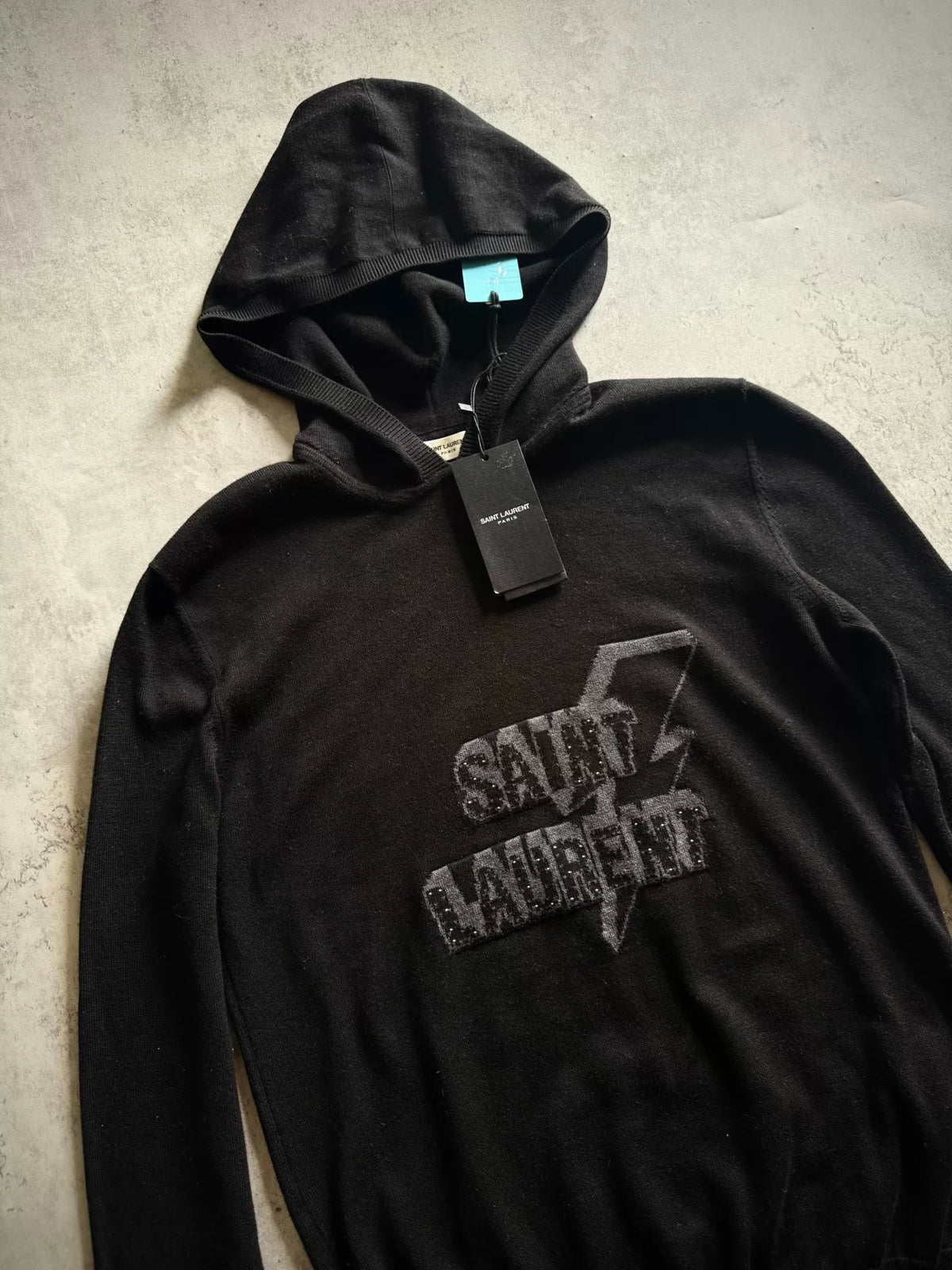 Saint Laurent 18SS Black Wool Lightning Slogan Studded Hoodie by Anthony Vaccarello