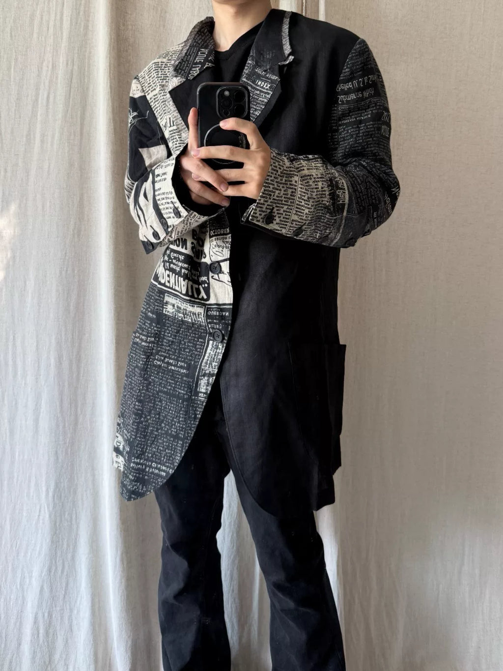 Yohji Yamamoto Black Newspaper Print Asymmetric Linen Coat