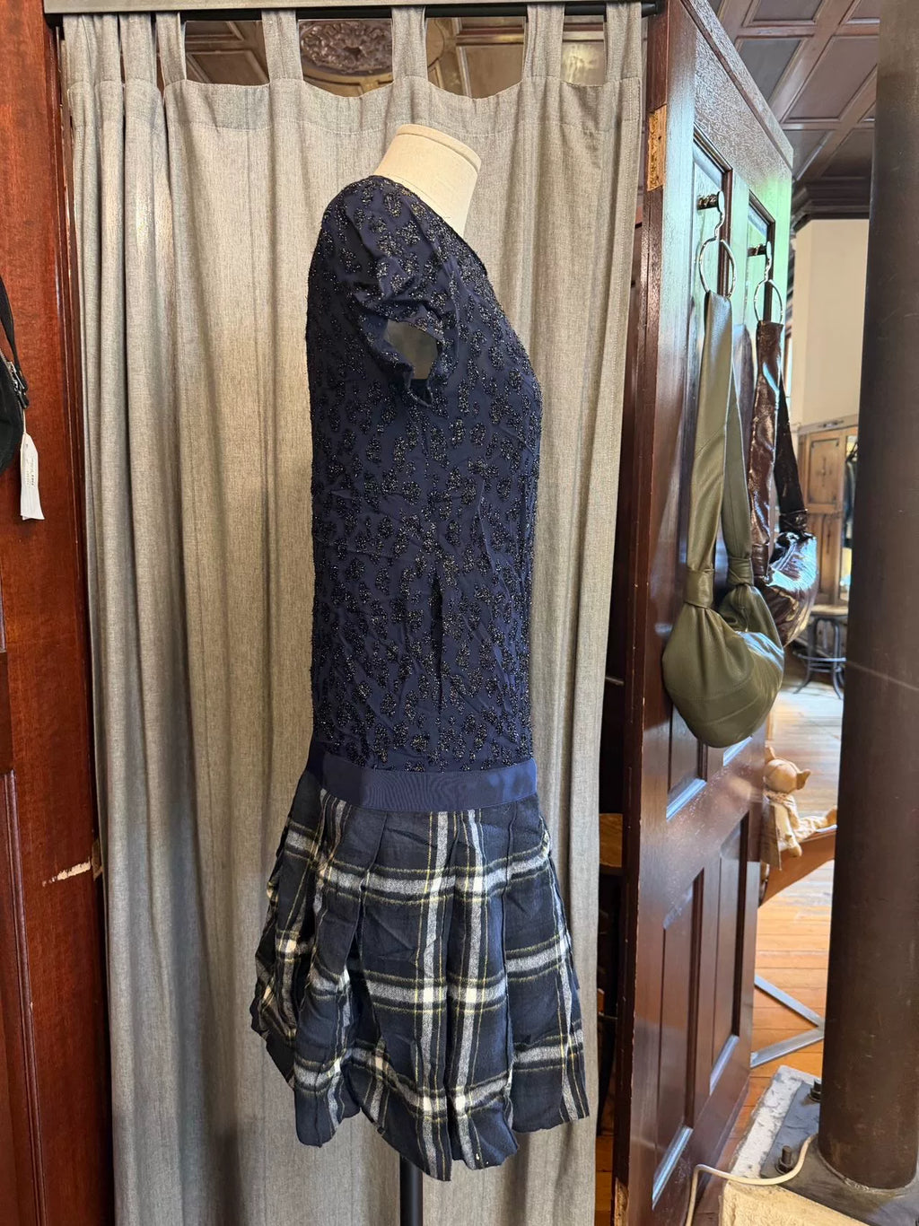 sacai FW14 Luck Purple Leopard Patchwork Pleated Plaid Viscose Polyester Dress