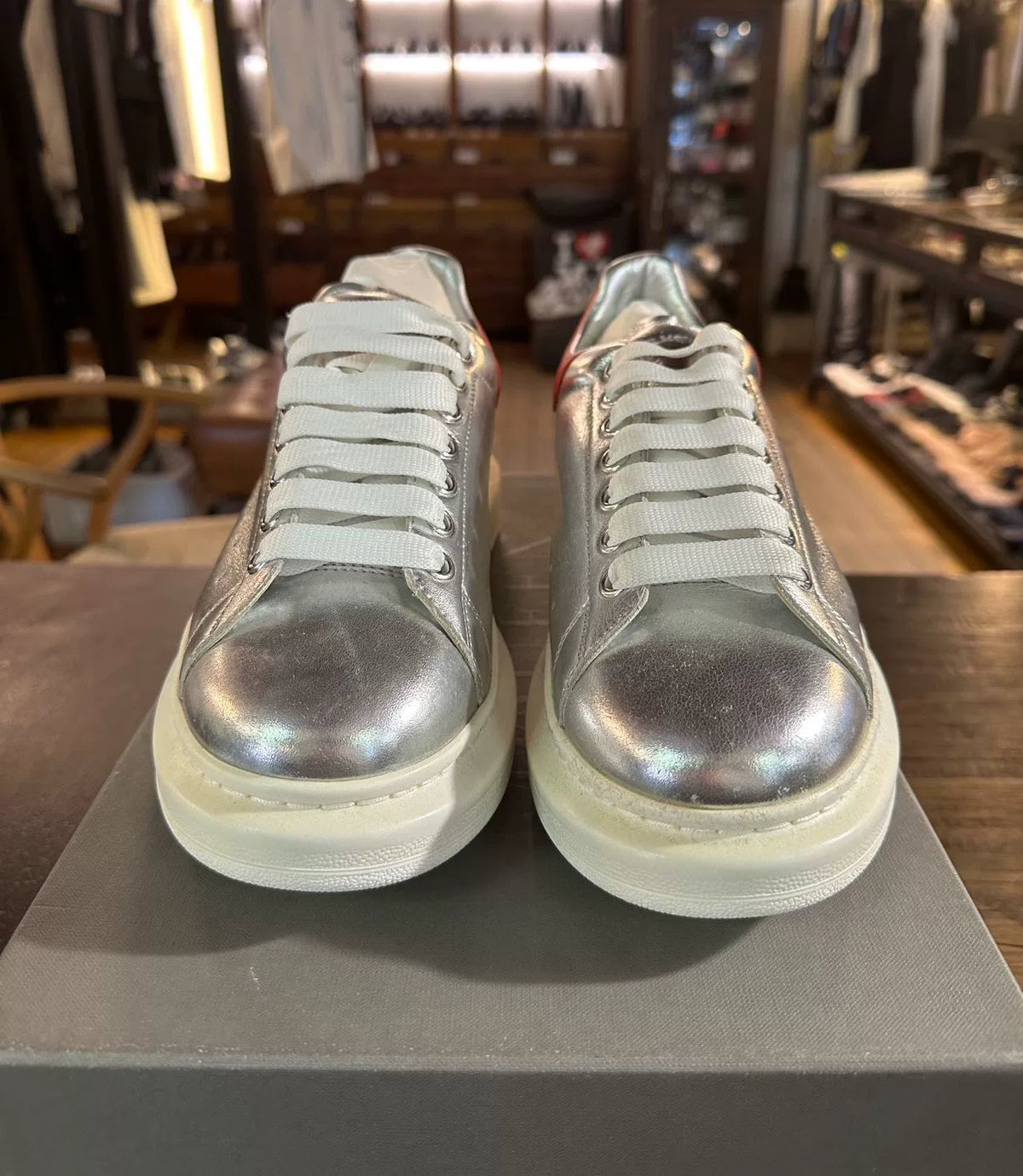 Alexander McQueen FW16 Silver Red Heel Low-Top Sneakers