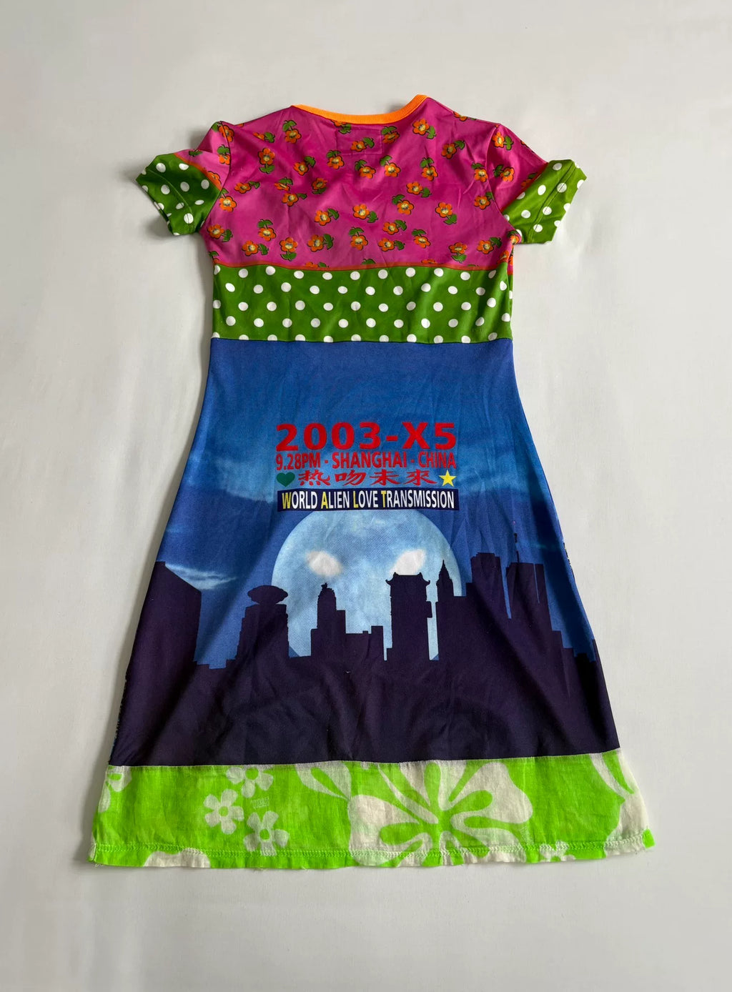 Walter van Beirendonck runway dress W&LT vintage 1997 runway piece city night view "Kiss the Future" print patchwork dress