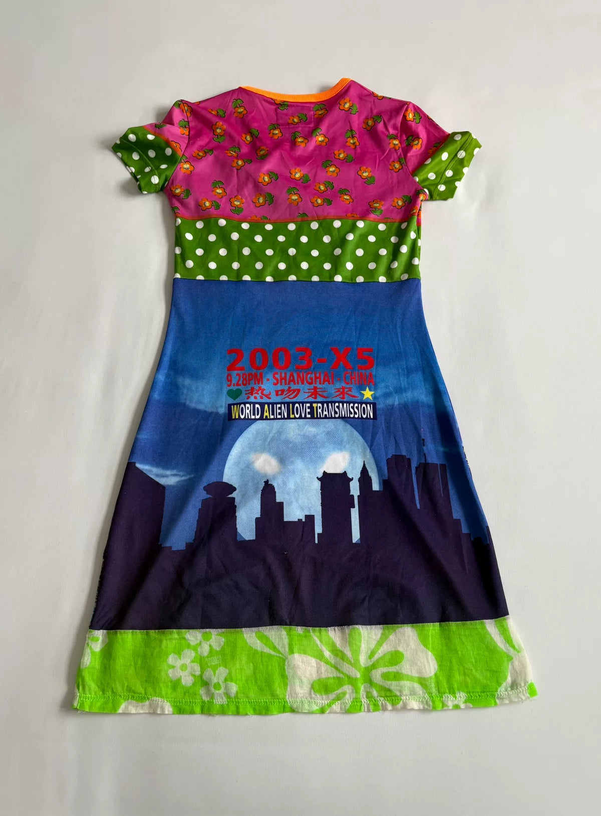 Walter van Beirendonck runway dress W&LT vintage 1997 runway piece city night view "Kiss the Future" print patchwork dress