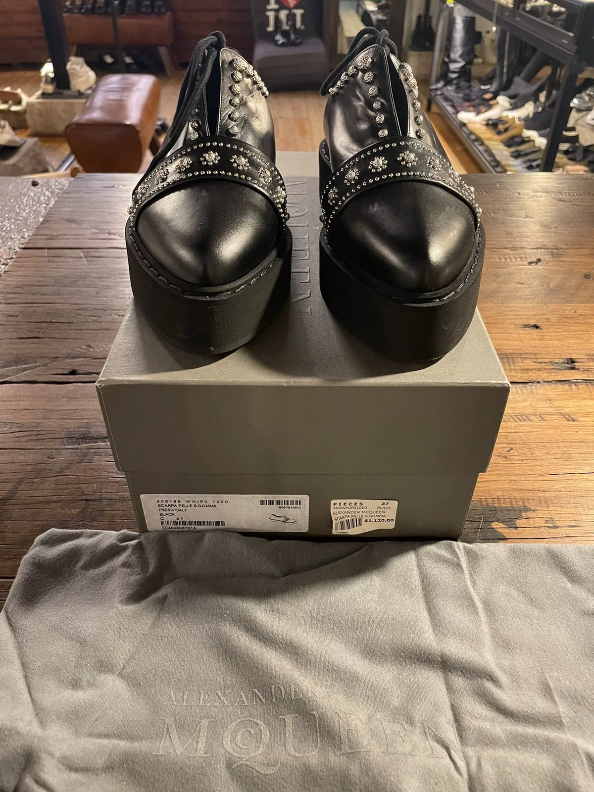 Alexander McQueen FW15 Black Rose Stud Lambskin Platform Heels