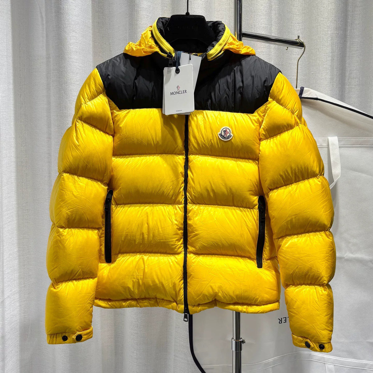 Moncler PEUPLIER Yellow Letter Print Webbing Colorblock Hidden Hood Nylon Down Jacket