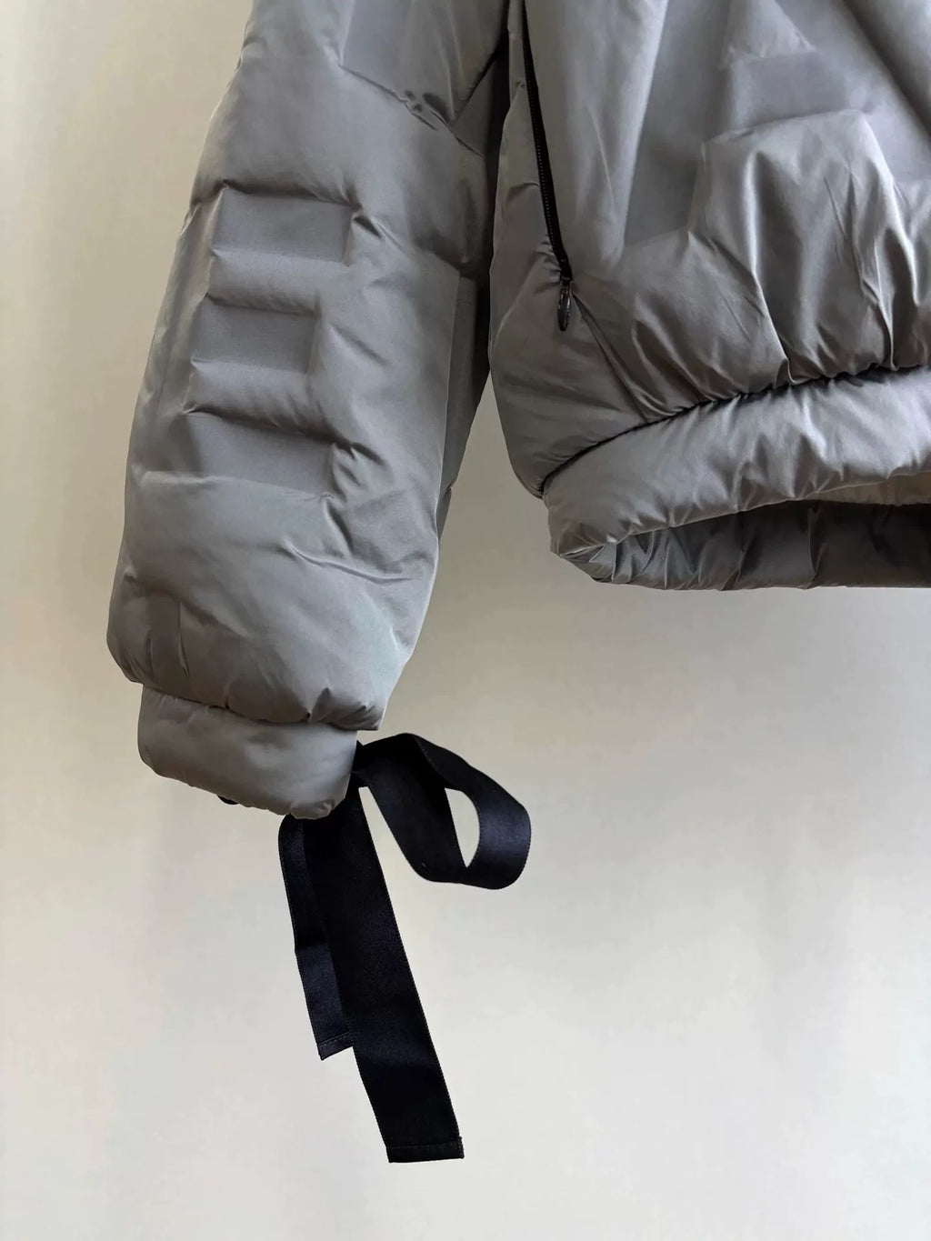 Chanel Silver Grey Letter Embossed Tied-Bow Nylon Down Jacket