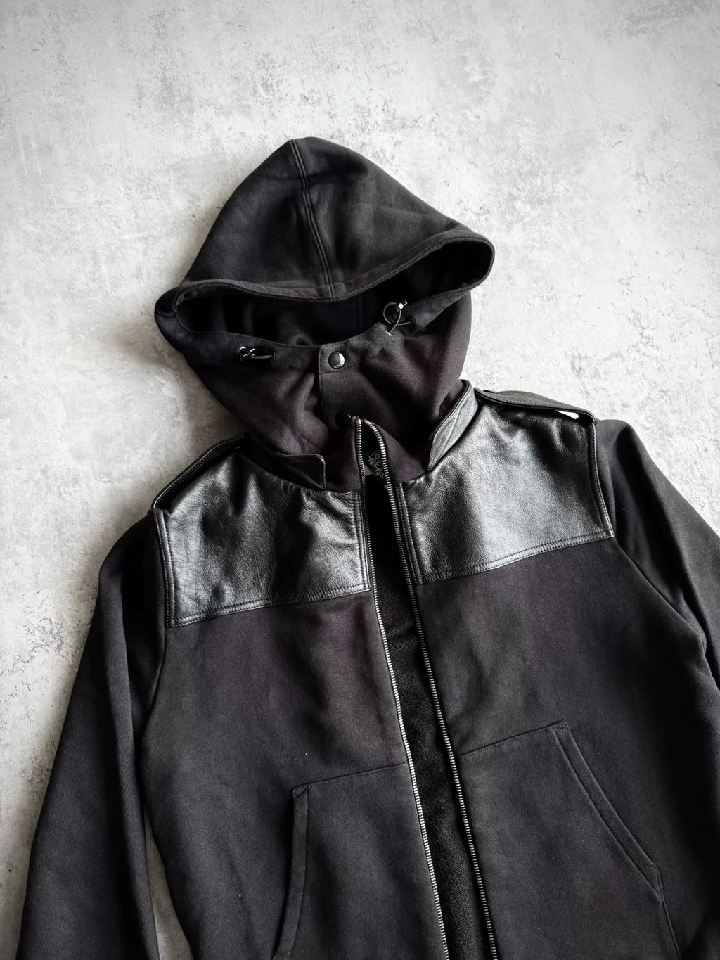 Saint Laurent Paris AW19 Black Military Leather Panel Zip-Up Hooded Sweater